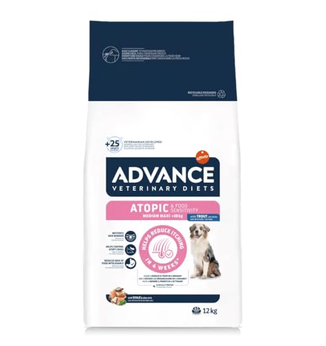 Advance Veterinary Diets Atopic Medium/Maxi - Crocchette Cane Ipoallergenico per Dermatite Atopica e Problemi Pelle - Cibo Secco con Trota, Patata e Aloe Vera - Riduce Prurito - 12 kg