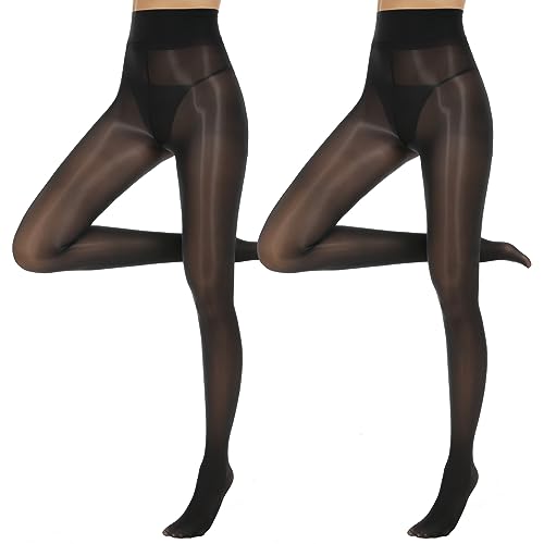 Yilanmy Damen Strumpfhose Glänzende Sexy Öl Glanz Strumpfhosen 15 Denier Hohe Taille Feinstrumpfhose Damen Ultradünne-Schwarz*2 Paare, L/XL
