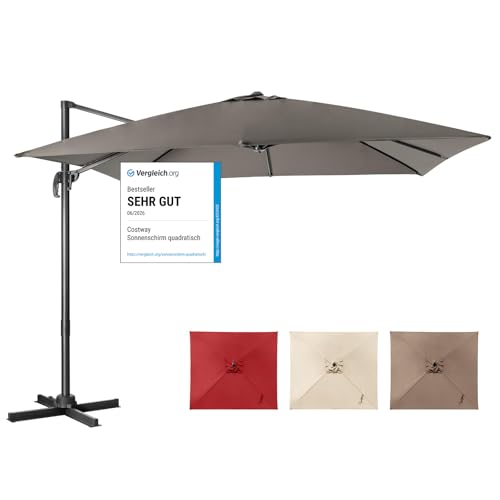 COSTWAY Sonnenschirm 300 x 300 cm quadratisch Ampelschirm mit Kurbel Gartenschirm neigbar 360 drehbar großer Terrassenschirm Marktschirm für Gärten Terrassen Cafés (Grau)