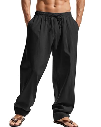 Elainone Herren Sommerhose Baumwolle Leichte Freizeithose mit Kordelzug Taschen Loose Fit Bequeme Strandhose Schwarz XXL