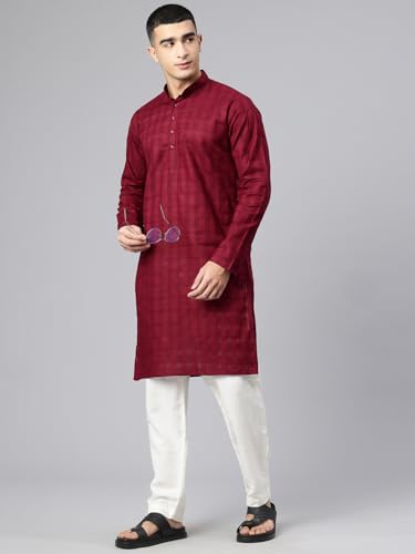 Image of Majestic Man Men's Pure Cotton Textured Check Mandarin Collar Long Kurta