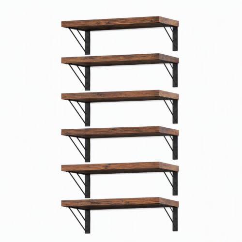 Image of BAYKA Wall Mounted Floating Bathroom Shelves, Rustic Brown, 6-Set,Same Size | Wood Wall Shelf for Bathroom Essentials & Decor, Space-Saving Display & Organizer