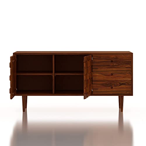 Image of Ganpati Arts Sheesham Wood Sideboard Cabinet with 2 Doors 3 Drawer Storage for Home Kitchen Office Wooden Organizer Bedroom (Natural Finish)