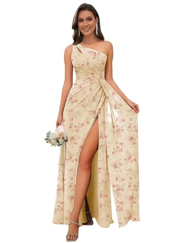 Image of OFEECHUN Women's Chiffon One Shoulder Bridesmaid Dresses Long Pleated Formal Evening Gowns with Slit
