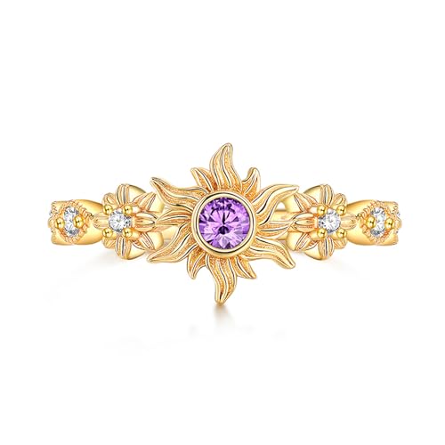 Jeulia Promise Ring for Women: Sterling Silver & Gold Plated Sunflower Ring with Purple Gemstone, Princess Valentine Wedding Gift