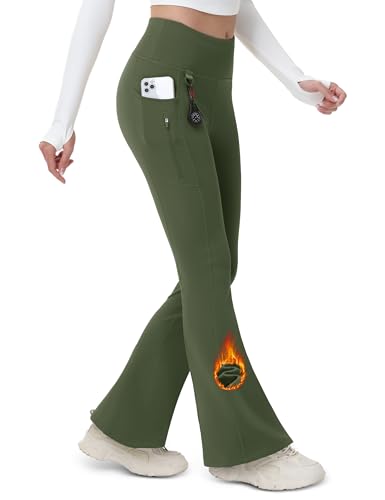 MAGCOMSEN Women's Fleece Lined Flare Leggings Waterproof Insulated Winter Pants Hiking Yoga Bootcut Leggings 3 Pockets