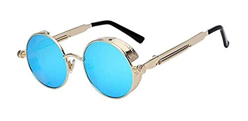 XIU Round Metal Sunglasses Steampunk Fashion Glasses Brand Retro Vintage Eyewear UV400 (Mirror Blue)