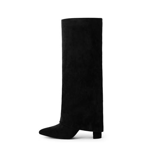 Image of Knee High Boots Women Fold Over Boots Chunky Heel Pointed Toe Tall Boots | Fashion Slouchy Boots,Side Zipper Shark Boots,Fall Spring Winter Fashion Dress Tall Boots,Evening Bridal office Long Boots