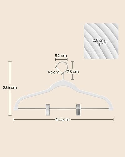 Image of SONGMICS Set of 10 Velvet Trouser Hangers with Adjustable Clips | Non-Slip, Space-Saving, 42.5 cm Long, for Skirts, Coats, Dresses, White, Hangers, Trouser Hanger CRF012W10