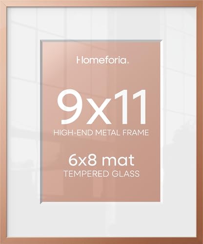 Image of Homeforia 9x11 Rose Picture Frame, High-End Metal, 6x8 Mat, Glass | High End Aluminum, Tempered Glass, Acid-Free 6x8 Removable Mat, 9x11 in Edge-to-Edge Display 11x9, Wall Kit, Set Of 1
