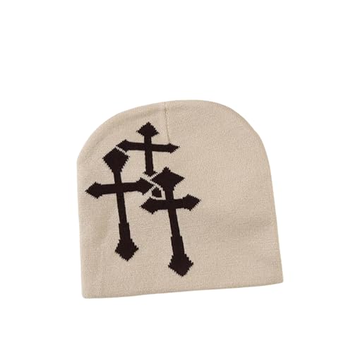 Tuque tricotée motif croix Y2K unisexe doublée cache-oreilles kaki moyen
