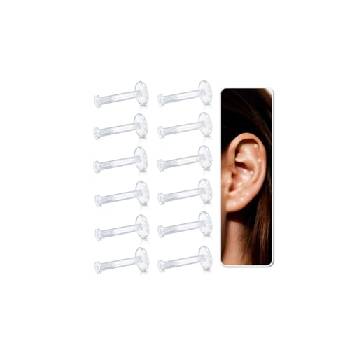 Accirrch 12Pcs Clear Nose Studs Piercing Retainer for Work Women and Men Set,16G Bioflex Plastic Medusa Clear Stud Earrings Flat Top Size 2mm for Sports Surgery Helix Tragus Lip Nose New Perforation