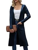 MAKABO Long Blue Hooded Duster Cardigans for Women, Trendy Fall Button Up Long Sweaters Coat for Christmas Travel, M
