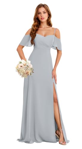 Image of Chiffon Bridesmaid Dress with Slit 2025 Long Pleated Off The Shoulder Formal Dress Dusty Blue Size 0 HGR93