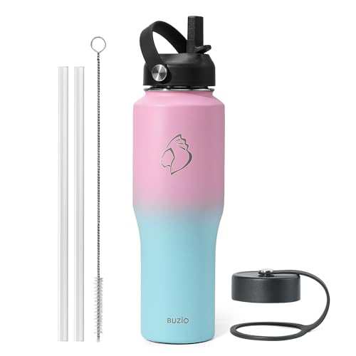 BUZIO Stainless Steel Water Bottle Vacuum Insulated (Cold for 48 Hrs, Hot for 24 Hrs),32oz Tumbler Travel Flask with Straw Lid and Flex Cap, Fit in Any Car Cup Holder,Bubble Gum Bubble Gum 3