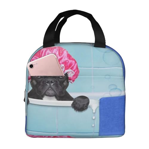 断熱ランチバッグ 大容量 防水 熱漏れ防止 スタイリッシュで丈夫 仕事、学校、アウトドア活動に便利 男女兼用 (フレンチブルドッグの犬が浴槽であまり面白くない)