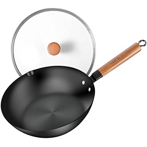 WANGYUANJI Wok mit Deckel, 28cm Kein Chemisch Beschichteter Wokpfanne aus Karbonstahl und Flachem Boden Cover