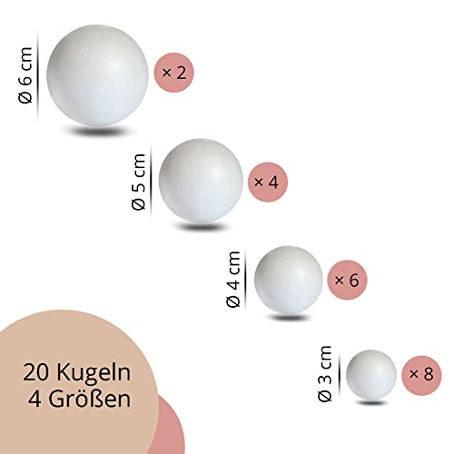 MCE-Commerce Styroporkugeln in einer gemischten 20er-Packung, 4 Größen: 2 x 6 cm, 4 x 5 cm, 6 x 4 cm und 8 x 3 cm
