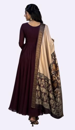 Image of Women's Ethnic Anarkali Kurta Set | Premium Vichitra Silk Gown with Printed Mayura Silk Kalamkari Dupatta Brown