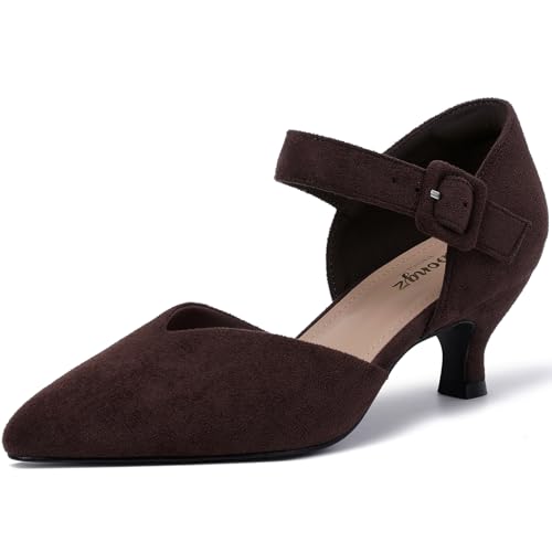 Image of RIBONGZ Comfortable Kitten Heels for Women Pointed Closed Toe Ankle Strap Buckle Heels Slip on Low Heel Church Pumps Wedding Bridal Party Dressy Shoes