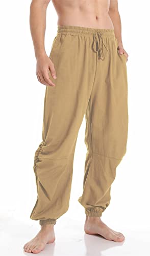 PACEIADTA Mens Cotton Linen Drawstring Pants Elastic Waist Casual Jogger Yoga Pants (40, Khaki)4