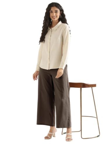 Image of SAADAA Women's Relaxed Fit Mid Rise Airy Linen Wide Leg Pants, High Waist Trousers for Formal, Casual & Office Wear