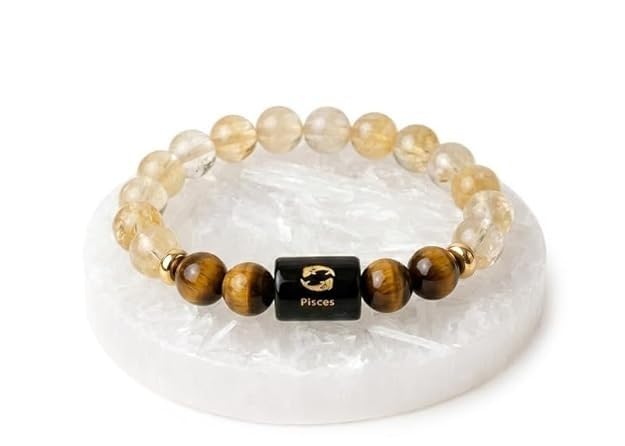 Image of Zodiac Crystal Bracelet with Raw Selenite Plate for Men & Women | Aries, Taurus, Gemini, Cancer, Leo, Virgo, Libra, Scorpio, Sagittarius, Capricorn, Aquarius & Pisces Rashi Bracelet | Astrology Healing Crystal Gift