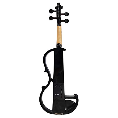 Image of Kinglos. Visual-Art Advanced Electric Violin 4 /4 Full Size Ebony Fittings | Incl. Case Bow Shoulder Rest Aux Cable Spare Bridge Strings - Solid Wood Black Coloured Silent Fiddle Kit for Adults Beginner