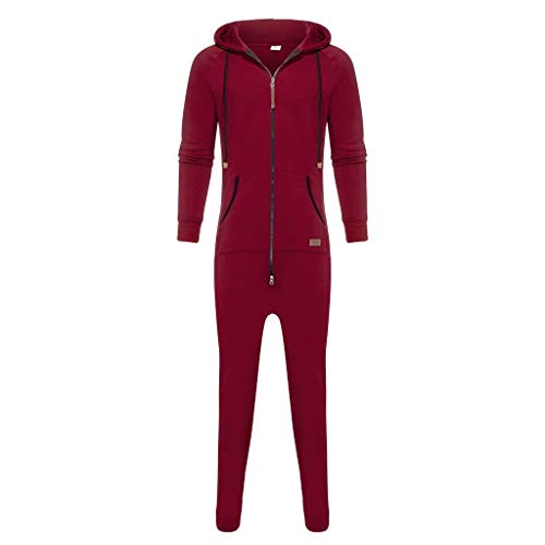 WUAI Onesie Men's Hooded Jumpsuit Zip Up One Piece Pajamas Playsuit Jogger Sweatsuit Overall Romper (Red,Large)4