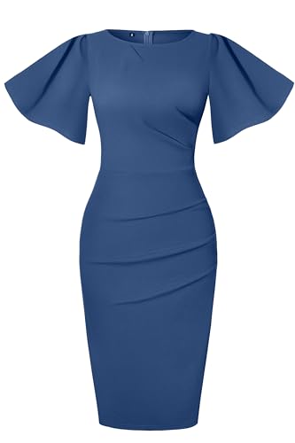 Image of IHOT 2024 Women's Vintage Ruffle Short Sleeve Ruched Bodycon Cocktail Party Work Dress