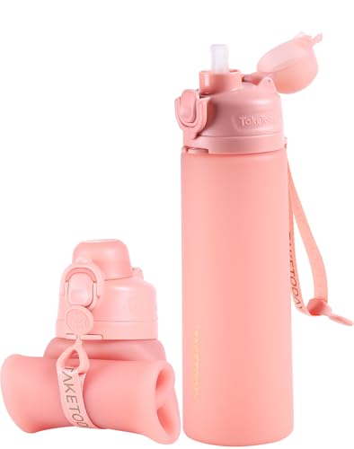 TakeToday Collapsible Water Bottles 20oz, Leak Proof, BPA-Free, Foldable Silicone Travel Water Bottle with Straw Strap for Cycling, Hiking, Outdoors (Cherry Breeze)