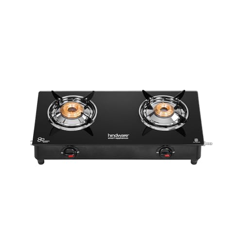 Hindware Smart Appliances Brio 2B Toughened Glass-Top | 2 Brass Burner LPG Gas Stove | Manual Ignition | Black | Spill Proof | Ergonomic Knobs | Tri-Pin Brass Burners | Open