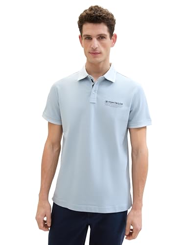TOM TAILOR Herren Basic Piqué Poloshirt mit Logo-Print , Foggy Blue, XXL