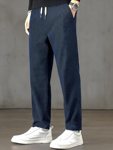 Image of BLUECORP ENTERPRISE Men's White Corduroy Casual Pants, Straight Leg, Drawstring Waist, Pockets