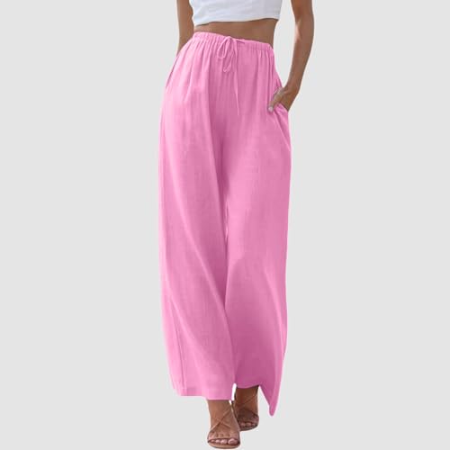 Generic Women's Linen Summer Palazzo Pants Flowy Wide Leg Beach Pants with Pockets Drawstring Elastic High Waist Summer Linen Pant, X-Large, B#_pink2