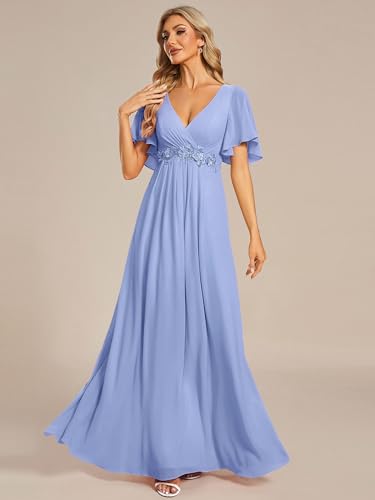 Image of Ever-Pretty Womens V Neck Applique Mother of the Bride Dresses Formal Dress | Chiffon, Short Sleeves, Ruched, A-Line, Bridesmaid Dresses, Formal Gown, Black Tie Dress