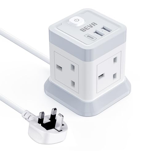 3M Extension Lead Cube With USB BEVA 4 Gang Extension Socket With 3 USB Ports Power Strip With Switch Multi Plug Extension with 3 Metre Long Cable For Home Office Travel