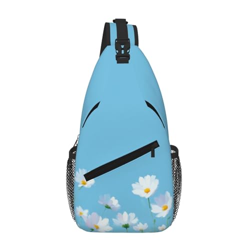 Image of SUPLUCHOM Sling Bag White Flower Blue Summer Hiking Daypack Crossbody Shoulder Backpack Travel Chest Pack for Men Women
