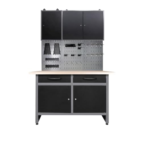 Image of JZD Steel Storage Cabinet Set System, Included Metal Pegboard Wall Cabinets Wood Tabletop, for Garage Auto Repair Shops, Utility Room