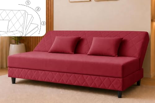 Image of Deco Studio 3 Seater Sofa Bed | Premium Upholstered Velvet Fabric Folding Couch for Living Room, Guest Room & Bedroom | Quilted Backrest with 2 Cushions (Red)