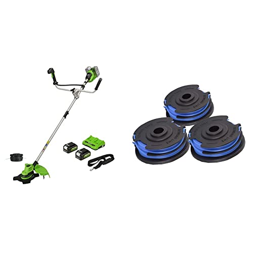 Greenworks Akku-Rasentrimmer und Freischneider 48V(2×24V) 38cm/25cm mit 2 Akku 4Ahund Ladegerät, Verstellbarer Fahrradgriff Hi/Low-Modus GD24X2BCB & 3 Stück Doppel-Fadenspule 29187