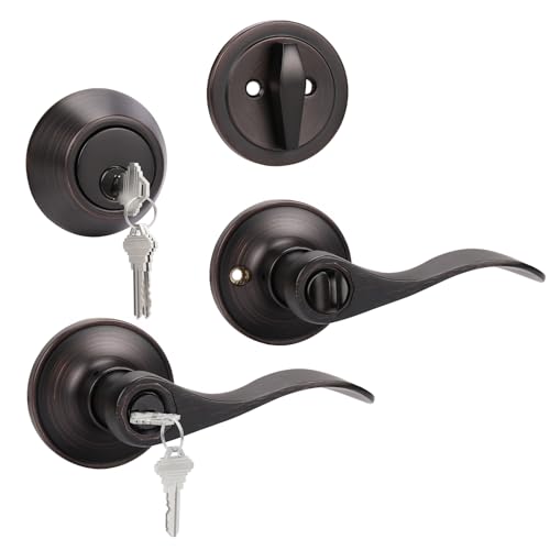 KNOBWELL 1 Pack Keyed Alike Entrance Door Lever Handle Exterior Door Lock Set with Single Cylinder...