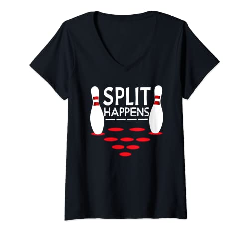 Mujer Split Happens Funny Bowling Team Sarcástico Bowler Pin Humor Camiseta Cuello V