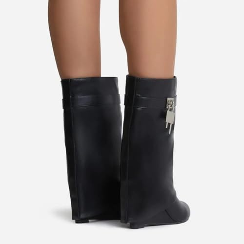 Yishaweiqi Padlock Ankle Boots Fold Over Wedge Heel Booties Wide-calf Short Boot4