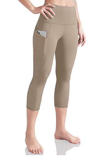ODODOS Women s High Waisted Yoga Capris with Pockets,Tummy Control Non See Through Workout Sports Running Capri Leggings, Plus Size, Dark Beige,XXX-Large