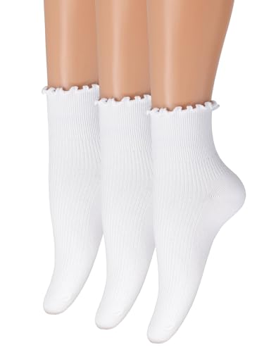 SRYL 3 Pairs Women's Ruffle Socks, Cute Casual Ankle Socks Breathable Cotton Soft Frilly Lettuce Socks