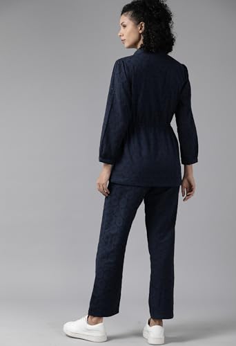 Image of ALL YOURS Women's Navy Blue Schiffli Cotton Co-Ords Set| Ethnic Co Ord Set| Kurta Set for Women| Casual Kurti Set| CoOrd Kurta Set for Women| Women Two-Piece Outfits| Outdoor Wear