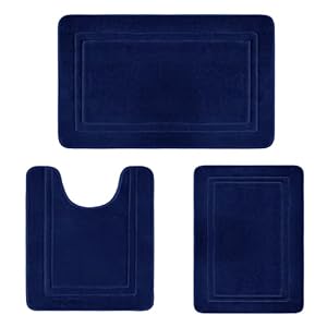 ACCUMTEK Memory Foam Bathroom Rug Velet Bath Mats Sets 3 Pieces Ultra Soft Non Slip and Absorbent Toilet Mats Set Carpet Washable, Dark Blue, Square Pattern