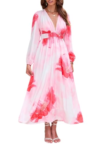 Image of Maxigerui Women's Long Sleeve Floral Maxi Dress 2026 Spring Summer Wedding Guest Dress Orange Watercolor XL