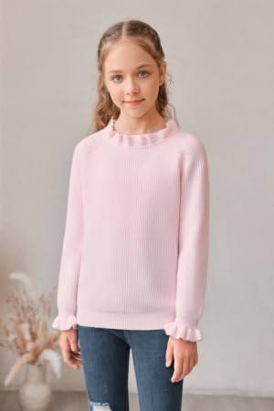Haloumoning Jersey de manga larga para niña, cuello redondo, manga con volantes, jersey de punto para niños